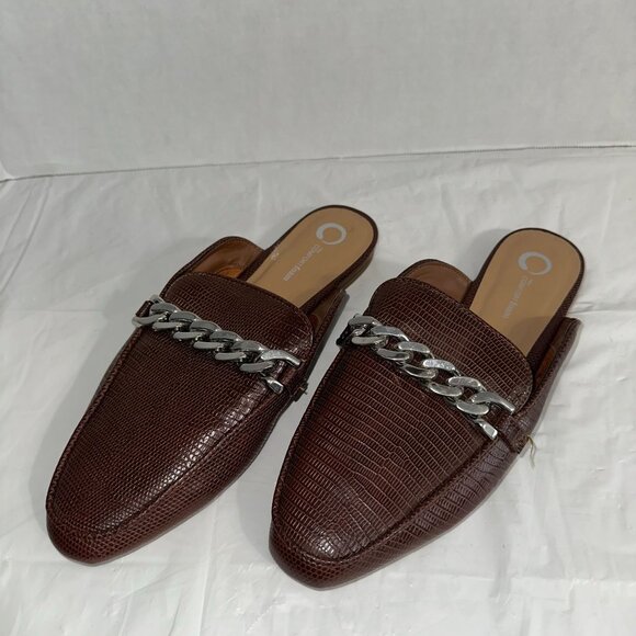 Brown Croc-Embossed Faux Leather Mules With Silver Chain Accent - Picture 1 of 5